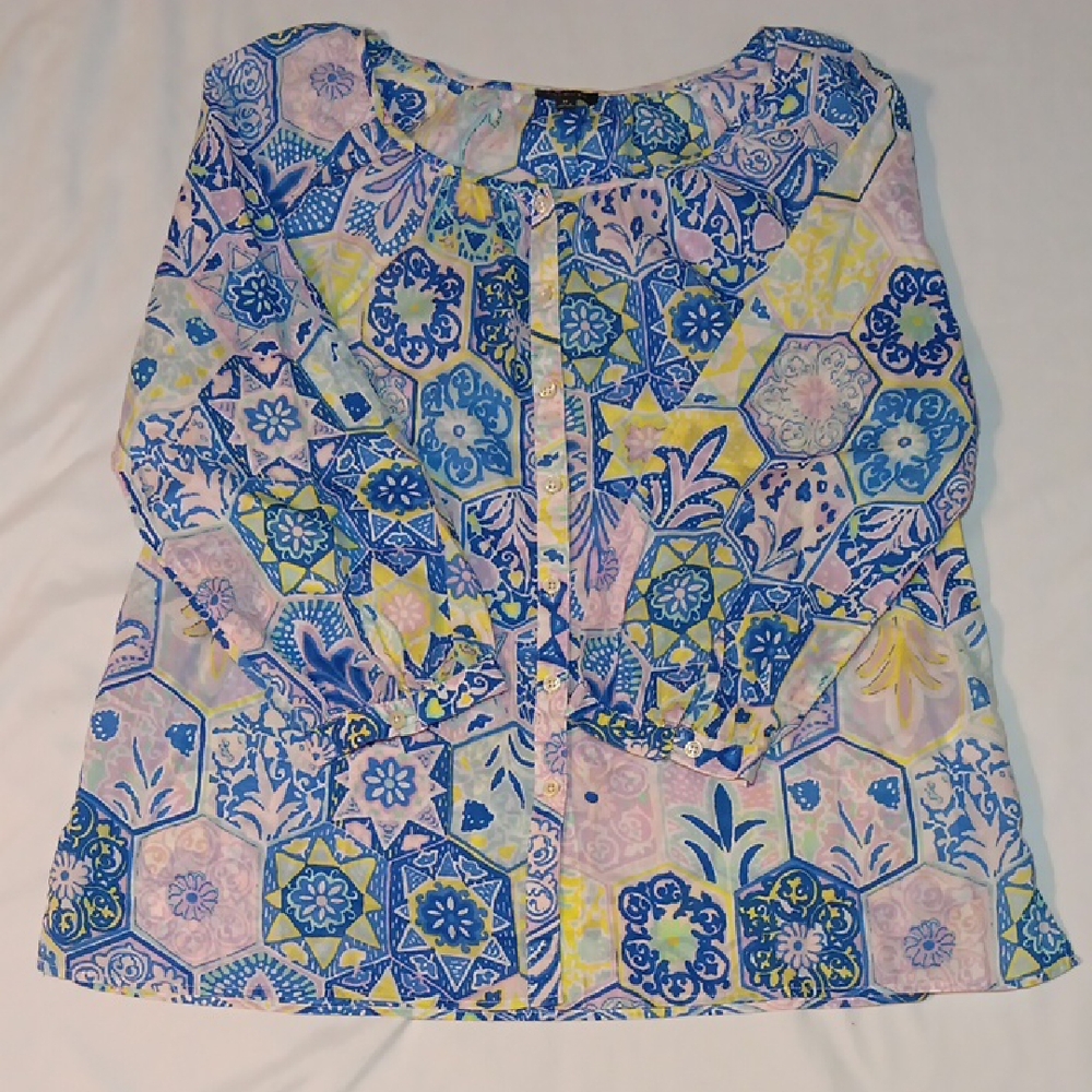 Womens Talbots Pastel Floral Geometric 3/4 Sleeve Flowy Summer Top